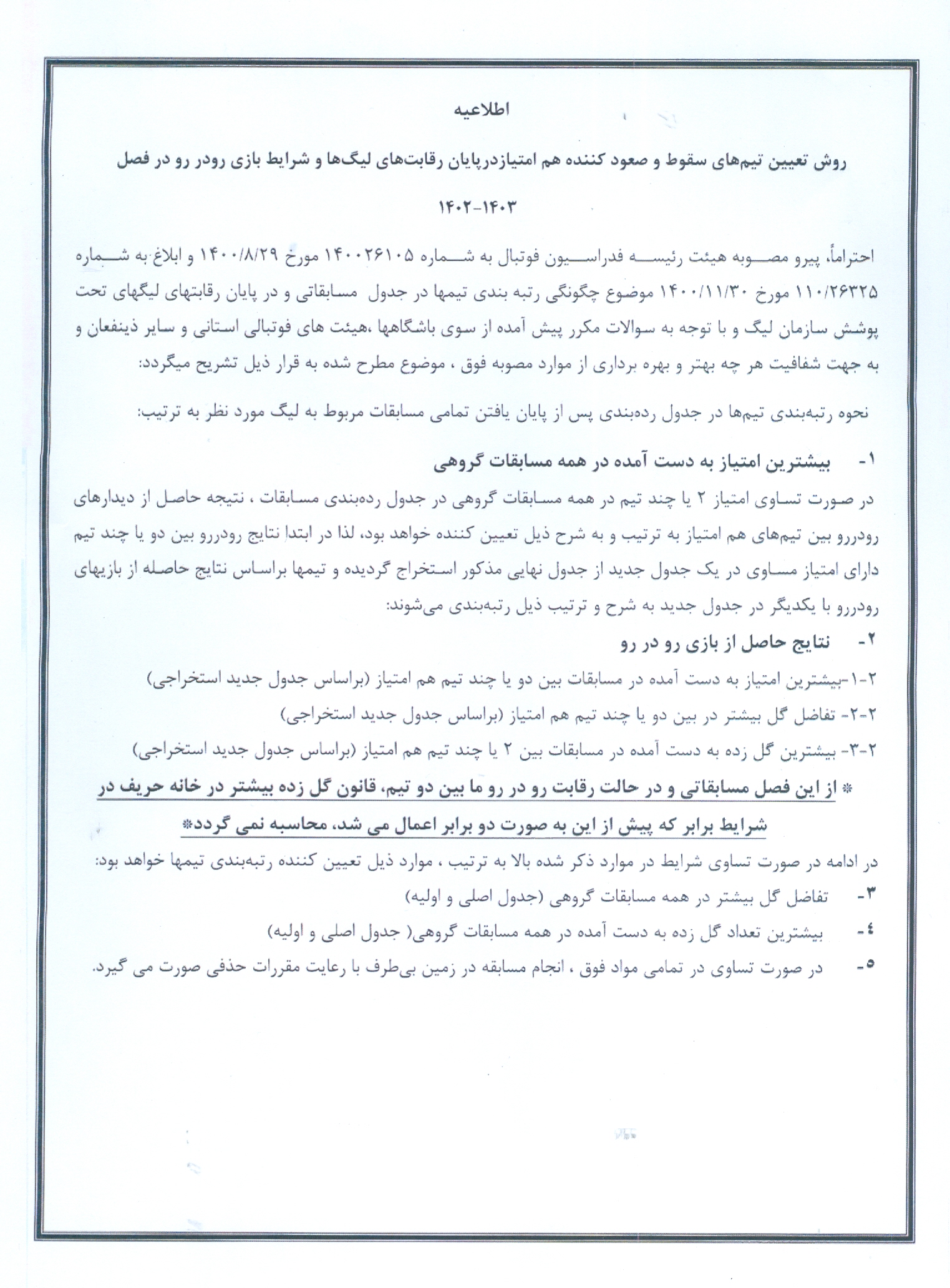 اطلاعیه سازمان لیگ درباره تعیین رده‌بندی تیم‌ها در جدول لیگ‌های مختلف 4